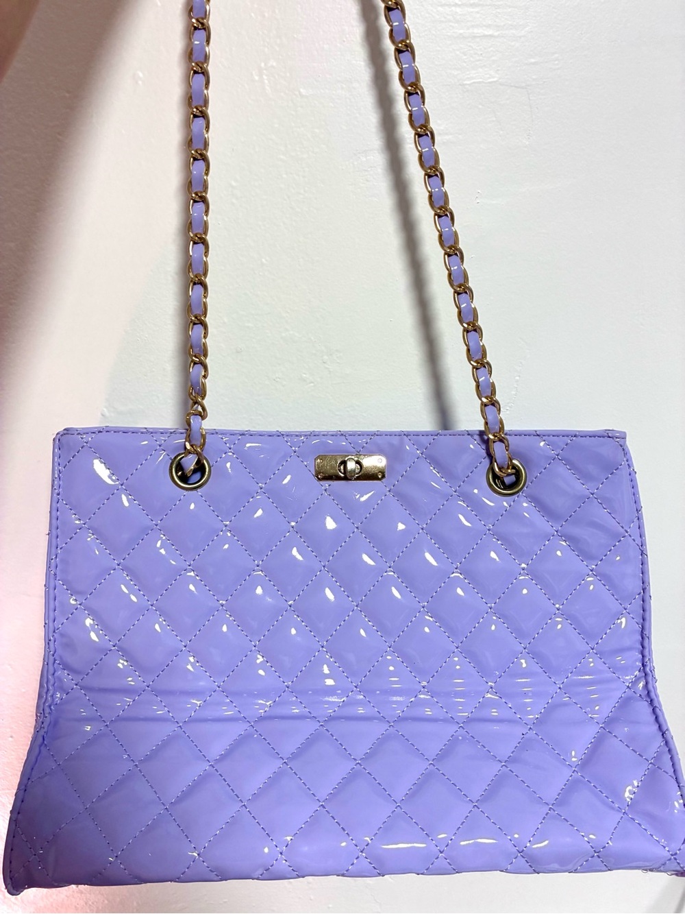 Quilted Patent Lavender Chain Shoulder Bag